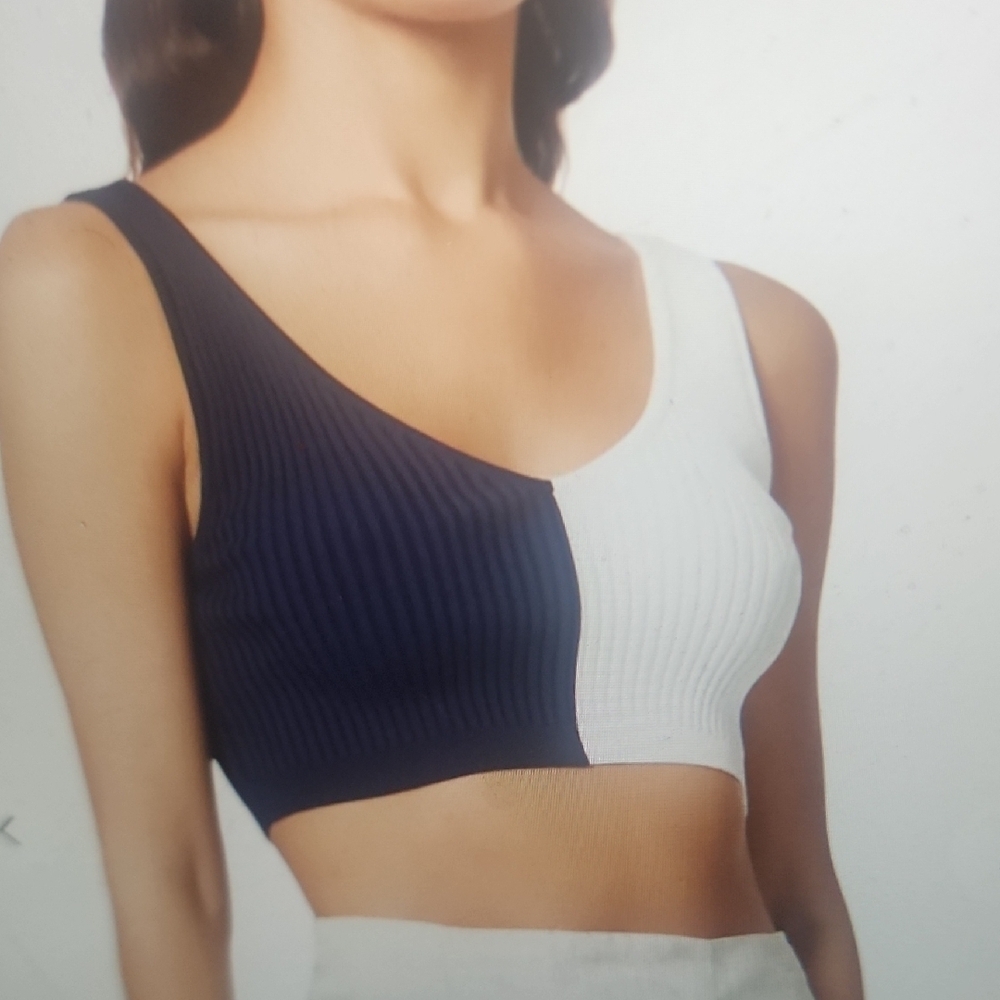 STAUD Hana Top in Navy and White In Ribbed Knit Size L